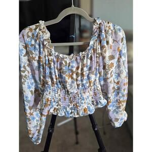 Hyfve Floral Smocked Blouse | Boho Peasant Top Long Sleeve | Size L